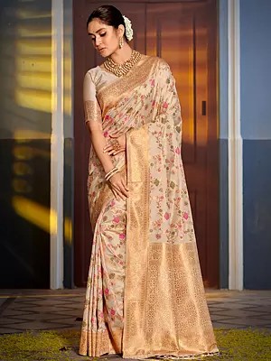 Floral Print Woven Banarasi Silk Tassels Saree And Contrast Border With Blouse