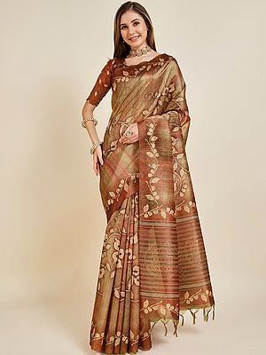 Vine Pattern Sofi Silk Saree With Contrast Pallu And Tassels