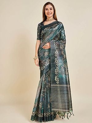 Amazing Digital Printed Silk Saree With Tassels And Blouse