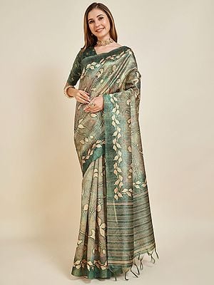 All Over Leaf Pattern Sofi Silk Saree With Contrast Pallu