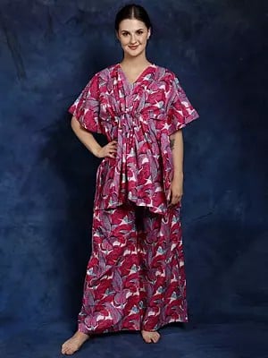 Pure Cotton Kaftan Style Co-Ord Set with All-Over Leaf Print