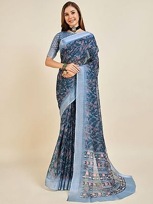 Women's Designer Linen Saree With Contrast Border And Pallu