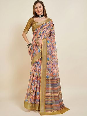 Women's Casual Wear Multi-Pattern Linen Saree With Blouse