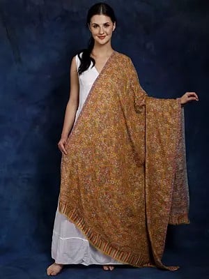 Fine-Wool Jamawar Kani Shawl from Amritsar with Multicolor Woven Flowers All-Over