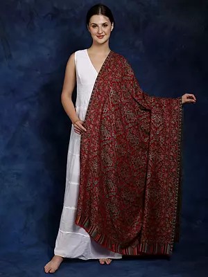 Fine-Wool Jamawar Kani Shawl from Amritsar with Multicolor Woven Flowers All-Over