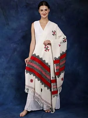 Ivory Cotton Shawl from Tamil Nadu with Toda Embroidery