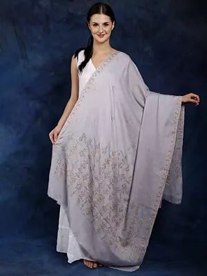 Lavender-Blue Handloom Pure Pashmina Shawl from Kashmir with Intricate Sozni Embroidery by Hand