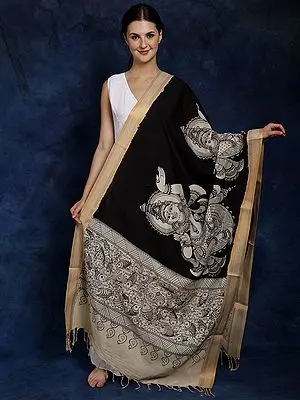 Pirate-Black Kalamkari Dupatta with Pen Art Hand-Painted Kathakali Dancing Ladies