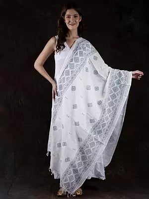 Cotton Dupatta from Telangana with Printed Motifs
