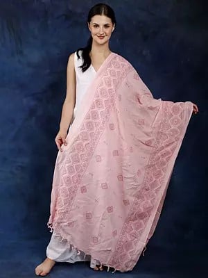 Rose-Shadow Cotton Dupatta from Telangana with Printed Motifs