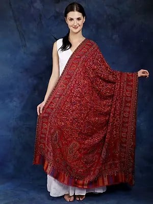 Brick-Red Kani Jamawar Shawl from Amritsar with Woven Multicolor Flowers and Paisleys