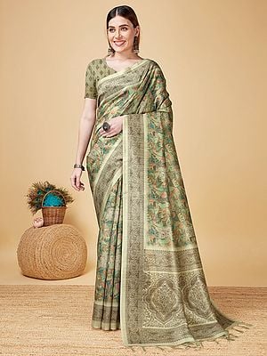 Floral Pattern Sofi Silk Saree With Bouse And Tassels On Pallu
