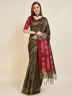 Women's Mehendi-Green Silk Saree With Tassels On Pallu