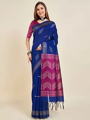 Indigo-Blue Geometric Design Silk Saree With Tassels