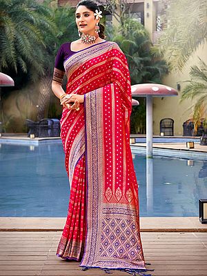Banarasi Silk Straight Lining And Dotted Pattern Saree And Floral Design In Border-Pallu With Blouse