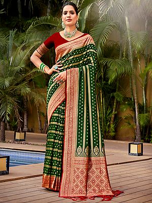 Banarasi Silk Straight Lining And Dotted Pattern Saree And Floral Design In Border-Pallu With Blouse