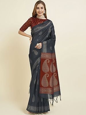 Paisley-Pattern Soft Silk Saree For Women With Tassels