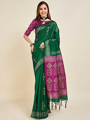 Geometric Design Silk Saree With Contrast Pallu And Tassels