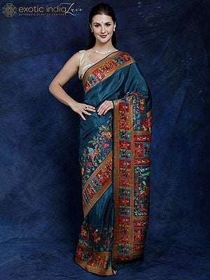 Superfine Blue-Coral Kani Handloom Saree from Kashmir with Woven Persian Hunt Scenes