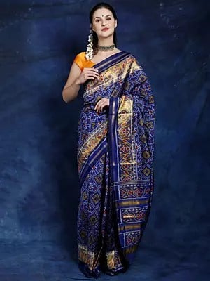 Sodalite-Blue Patan Patola Handloom Saree from Gujarat with Ikat Weave and Tissue Border