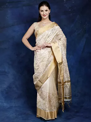 Alabaster-Gleam Art Silk Hakoba Embroidered Saree with Golden Border