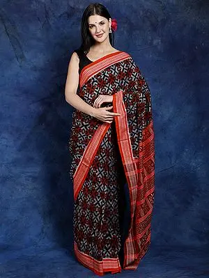 Gray and Sienna Pure Cotton Ikat Handloom Sambhalpuri Saree with Woven Rudraksha Border