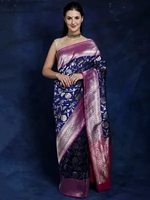 Bellwether-Blue Banarasi Saree with Zari Brocaded Floral Vines and Contrast Wide Border