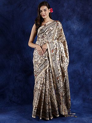 Art Silk Saree with Printed Warli Folk Art Motifs