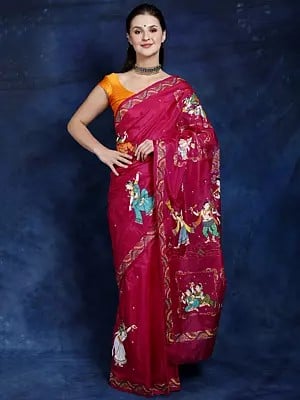 Cactus-Flower Pattachitra Saree from Odisha with Hand-Painted Wedding Scenes