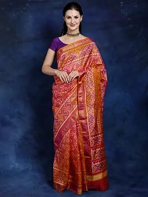 Burnt-Sienna Iridescent Dhoop Chaanv Pure Silk Handloom Patan Patola Saree with All-over Ikat Weave