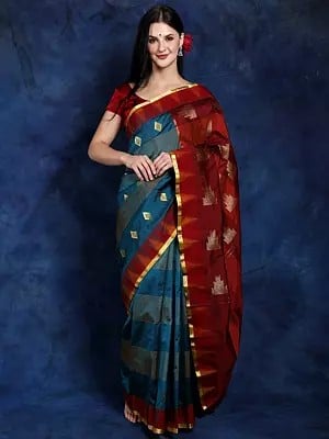 Harbor-Blue Brocaded Uppada Saree from Bangalore with Zari Woven Bootis and Temple Border