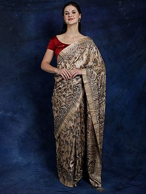 Gilded-Beige Madhubani Saree from Jharkhand with Printed Wedding Procession
