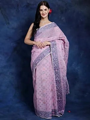 Begonia-Pink Cotton Jamdani Saree from Kolkata with Woven Bootis All-Over