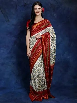 Pure Silk Patan Patola Handloom Saree from Gujarat with Ikat Weave and Contrast Red