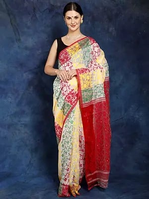Lucent-White Pure Cotton Jamdani Saree from Bangladesh with Woven Multicolor Floral Vines