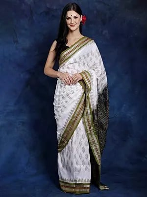 Star-White Pure Cotton Handloom Ikat Saree from Pochampally