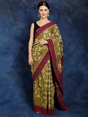 Olive-Branch Pure Cotton Handloom Saree from Pochampally with Ikat Weave All-over