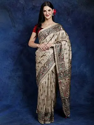 Brown-Rice Art Silk Madhubani Saree from Jharkhand with Printed Dancing Couples