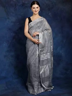 Sea-Gray Cotton Saree with Silver Zari Woven Stripes All-Over