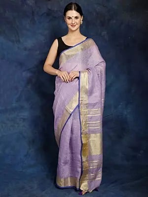Lilac-Breeze Cotton Plain Saree with Golden Border and Striped Pallu