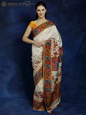 Arctic-Wolf Kani Handloom Saree from Kashmir with Woven Persian Hunt Scenes