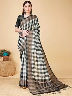 Women's Check-Design Ethnic Cotton Silk Saree With Blouse