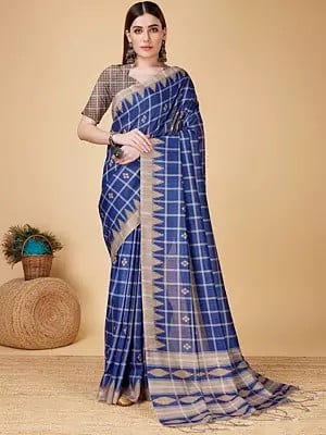 Beautiful Lapis-Blue Cotton Silk Saree With Tassels Pallu