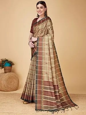 Check-Pattern Handloom Cotton Silk Saree With Contrast Border
