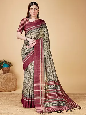 Warli-Art Sofi Silk Saree With Contrast Border And Tassels On Pallu