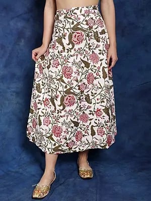 Snow-White Pure Cotton Wrap Around Long Skirt with Printed Floral Vines