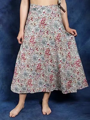 Multicolor Wrap Around Casual Long Skirt with Printed Multicolor Flowers