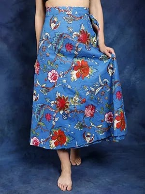 Swedish-Blue Pure Cotton Wrap Around Floral Printed Long Skirt