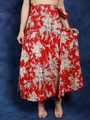 Aurora-Red Pure Cotton Wrap Around Skirt with All-Over Print