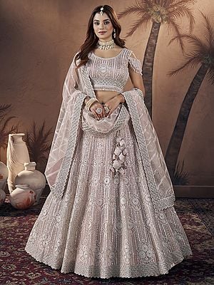Chalk-Pink Wedding Wear Zari Sequence Cutwork Khatli Bridal Latkan Lehenga With Blouse And Dupatta